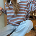 New Fashion Women T-Shirt Long Sleeve Turn Down Collar Stripes Fall Tops Streetwear For Casual Daily Hot Sale S M L