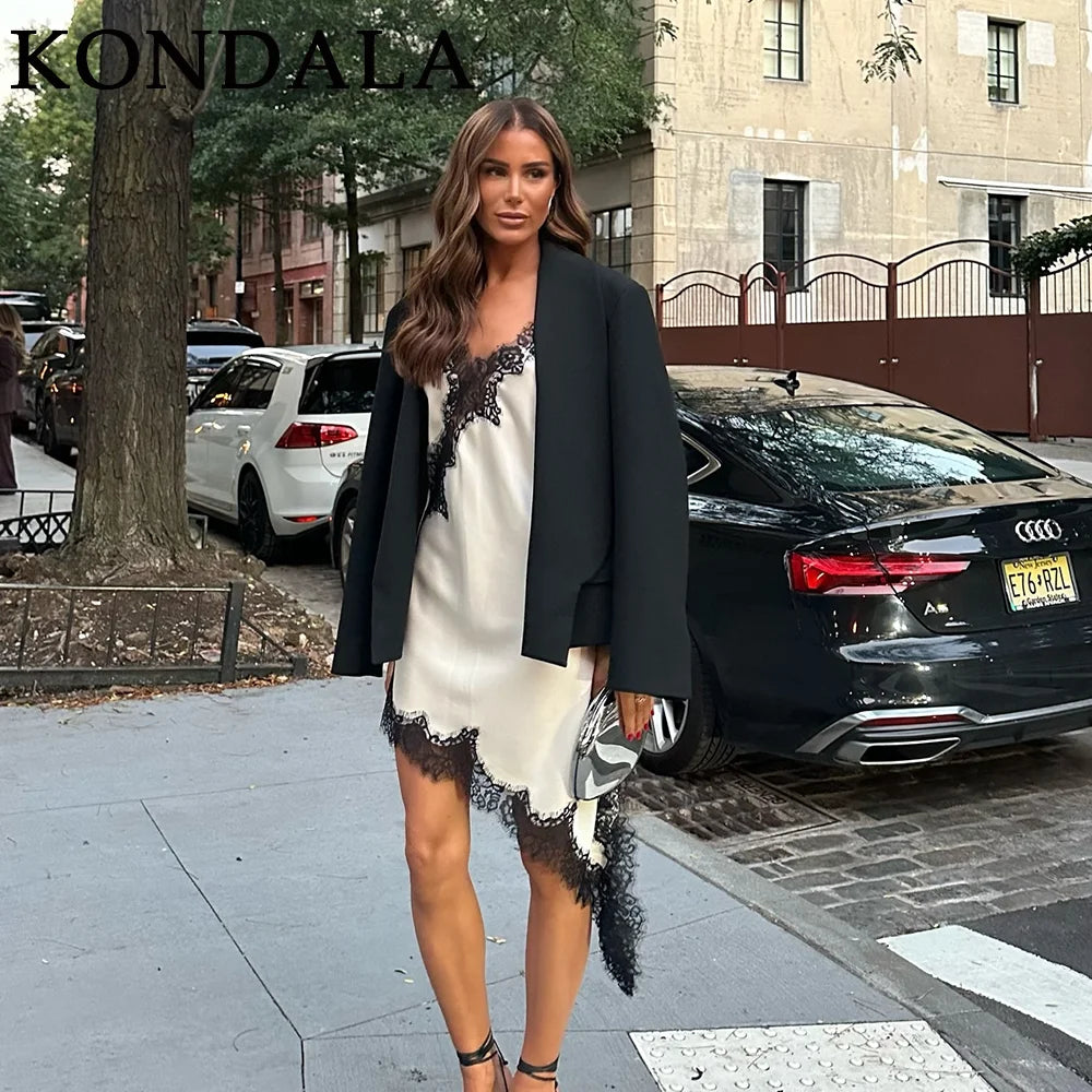KONDALA 2026 Spring Summer Lace Patch Work Women Dresses Fashion Brown Wedding Guest Dress For Women Elegant Chic Ladies Dresses