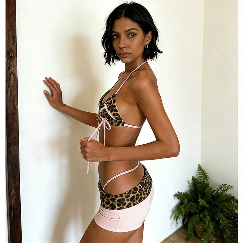 American Retro Sweet Spicy Leopard Print Patchwork Sexy Bikini Set Fashion Lace Up Hip Hugging Shorts Beach Women Two-piece Sets