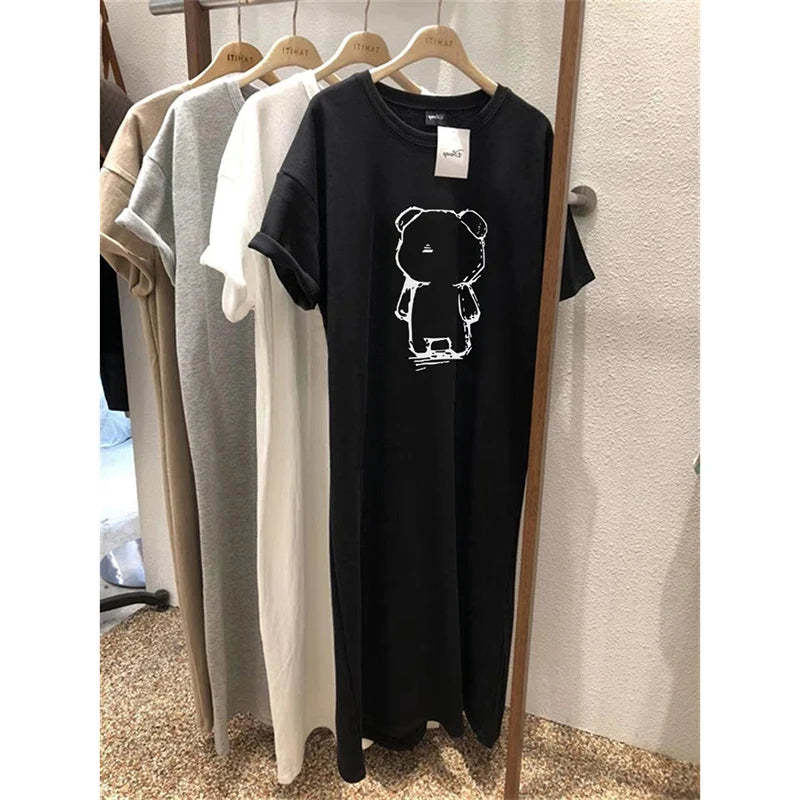 Summer New plus Size Women's Loose Casual Cotton T-Shirt Dress Pear Shape Slimming Long Dress EETSTH Brand Ins Style Printed