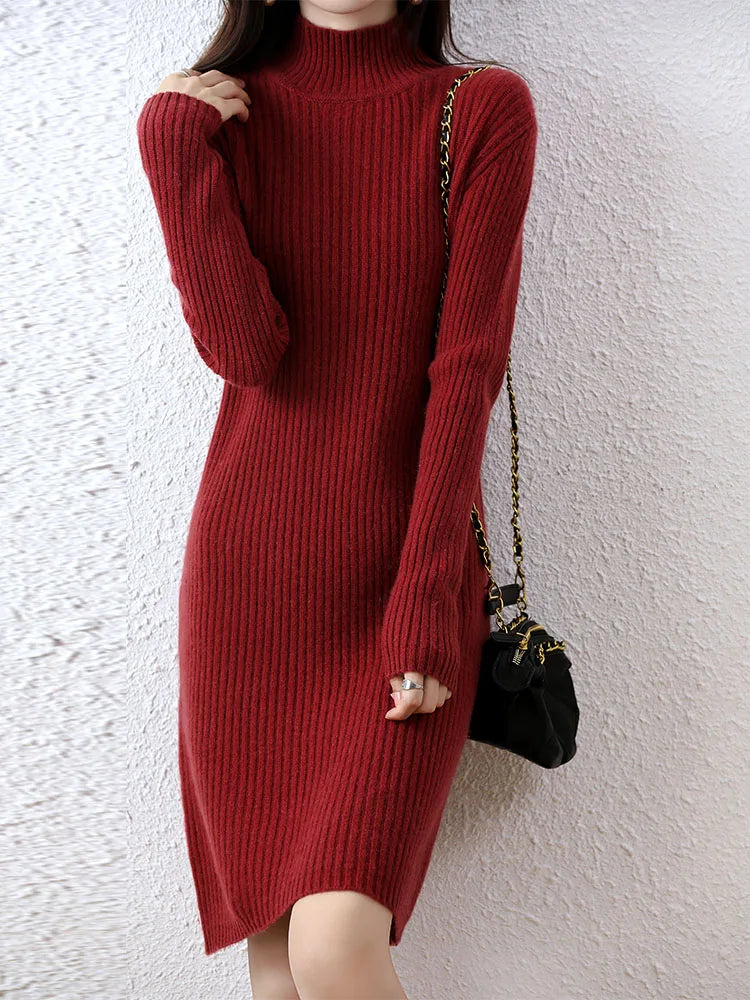 Fashion Cashmere Sweater Womens Knitted Dresses 100% Merino Wool Turtleneck Elegant Dress Autumn Winter Long Sleeve Short Skirts