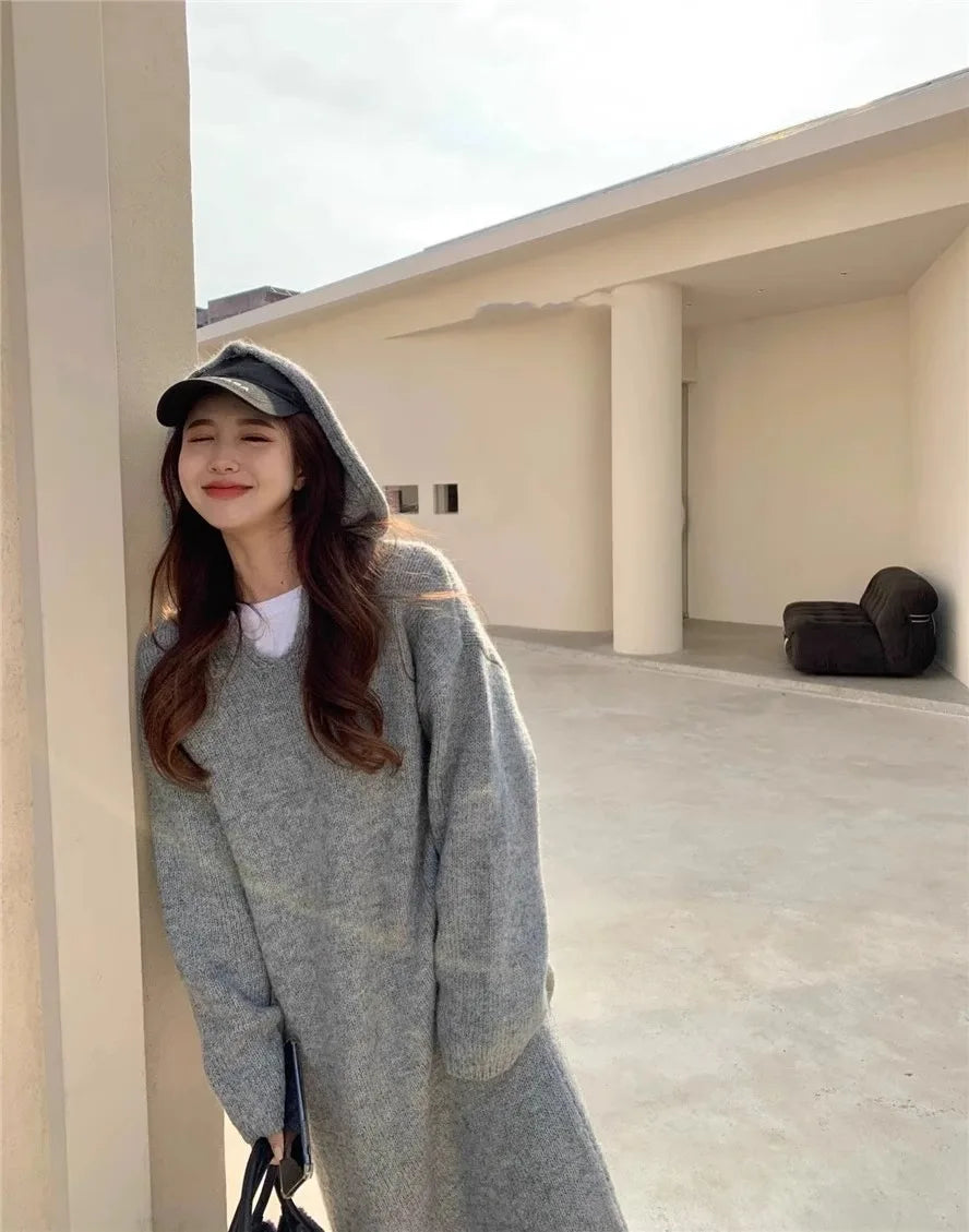 Korean style autumn hooded cashmere sweater long sweater dress loose women's knitted woolen hoodie