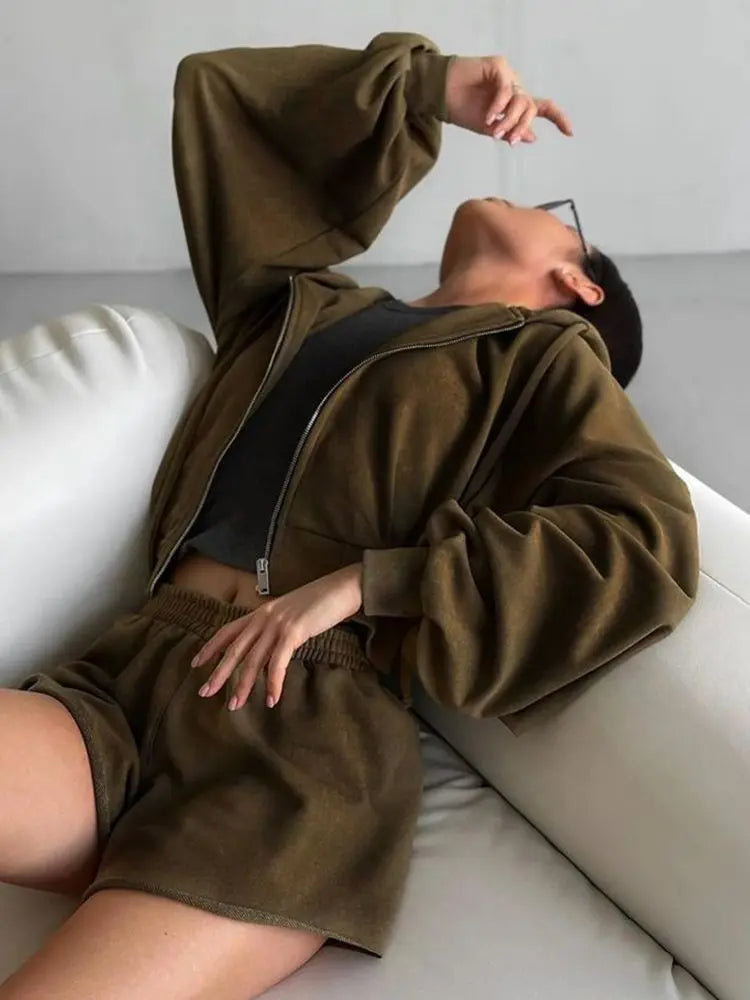 Women's Outfit Long-Sleeve Hooded Drawstring Sweatshirt Shorts Set Two-Piece Sets Sports Suit Sportswear Streetwear Trendy