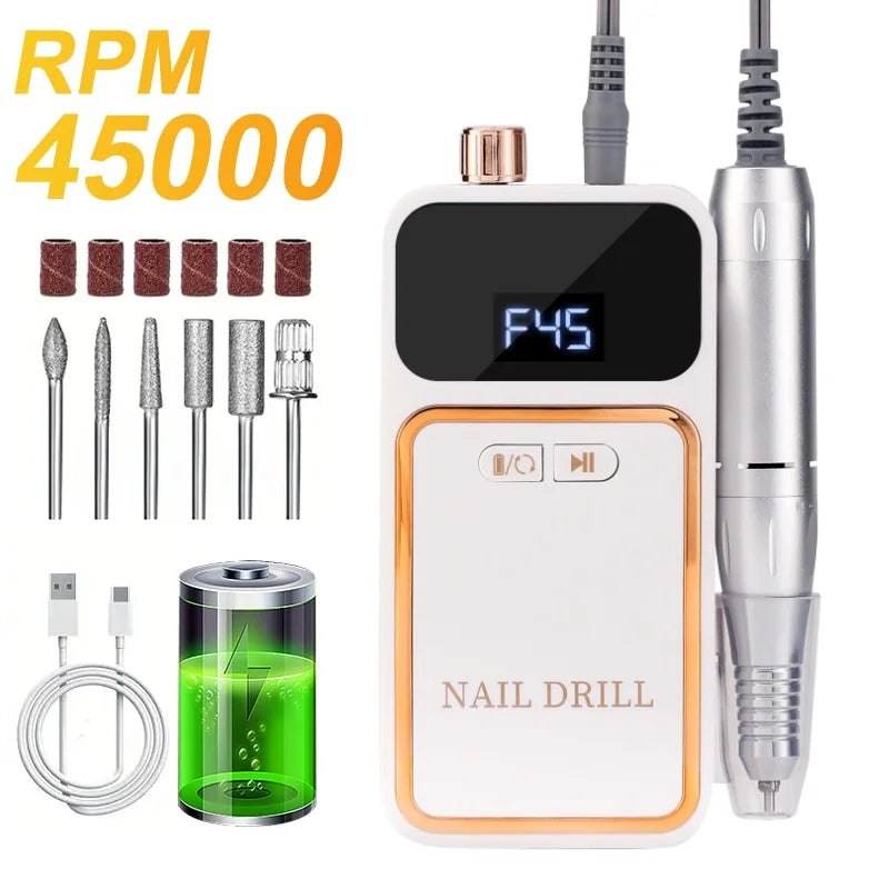 Professional 45000RPM Electric Portable Nail Drill Machine Rechargeable Low Noise Nail Sander File for Manicure Salon Tool