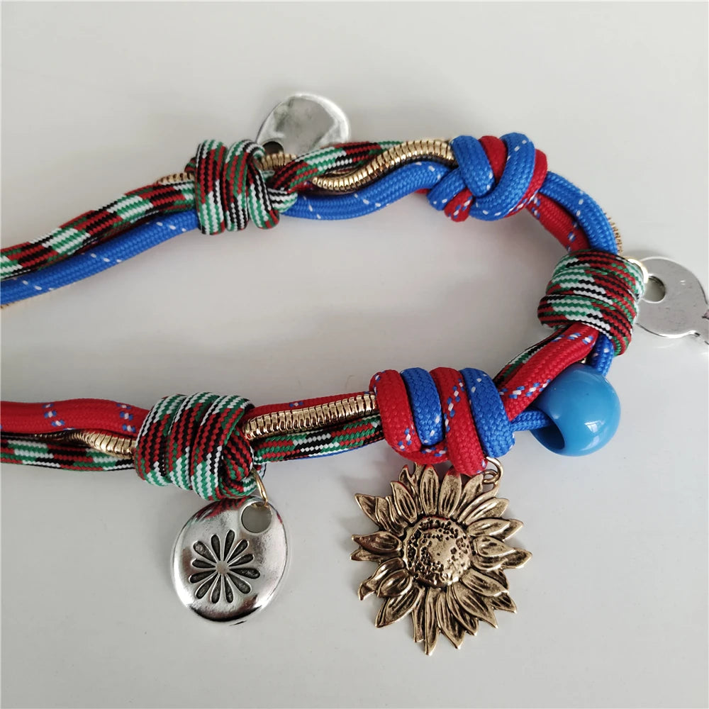 Fashion Trend Retro Sun Key Pendants Hand Woven Rope Choker Necklace Women Indian Ethnic Vintage Statement Necklace Lady Jewelry