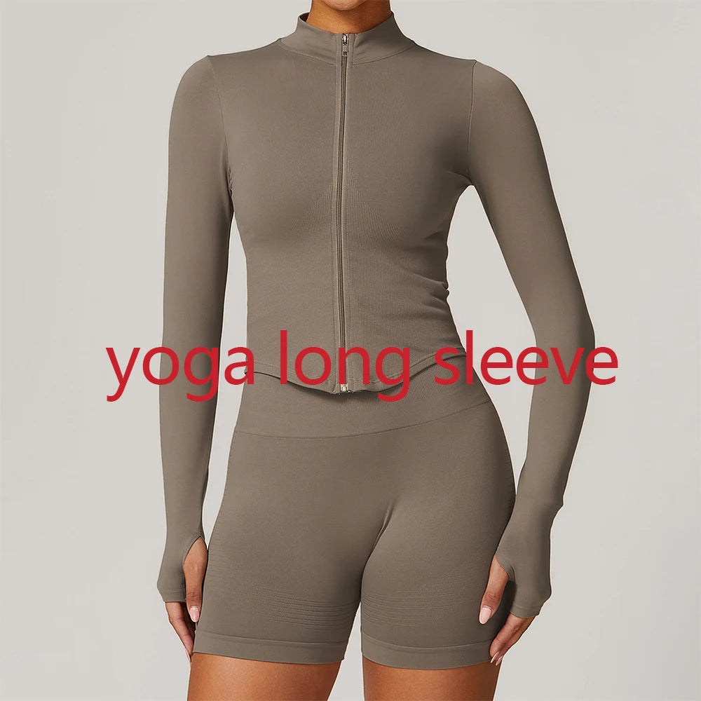 Zipper Yoga Shirts For Women Long Sleeve Seamless Fitness Running Gym Jacket Workout Dry Fit Breathable High Elastic Sports Top