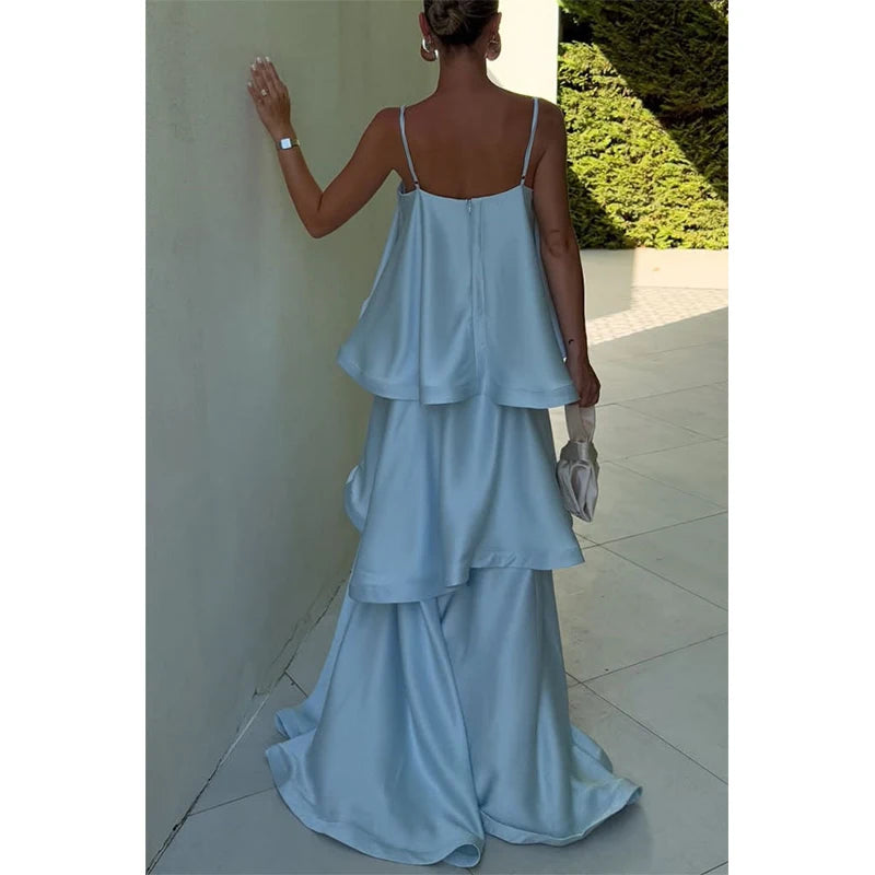 Chic Multicolored Pleated Women Maxi Dress Elegant Spaghetti Strap Ruffle Tiered Flowy Vestidos 2026 Summer Lady Vacation Outfit