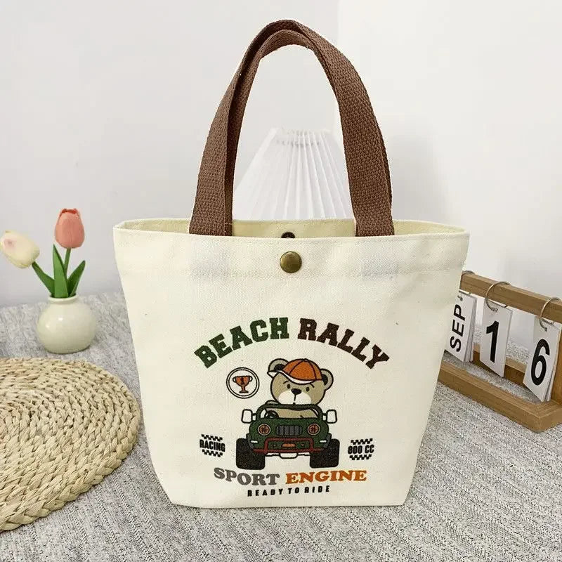 Cute Bear Canvas Mini Handheld Tote Bag Women Portable Lunch Bag Small Student School Handbag Ideal Gift Bag