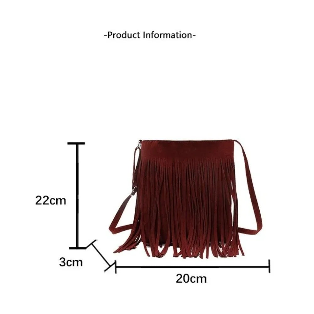 Fashion Suede Fringe Crossbody Bag Large Capacity Solid Color Shoulder Bag Boho Style Adjustable Shoulder Strap Bucket Bag Women