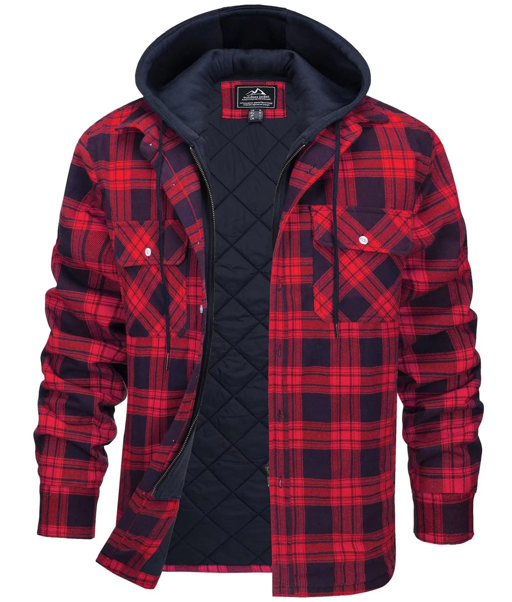 TACVASEN Men's Flannel Shirt Jacket with Removable Hood Plaid Quilted Lined Winter Coats Thick Hoodie Outwear Man Fleece Shirts