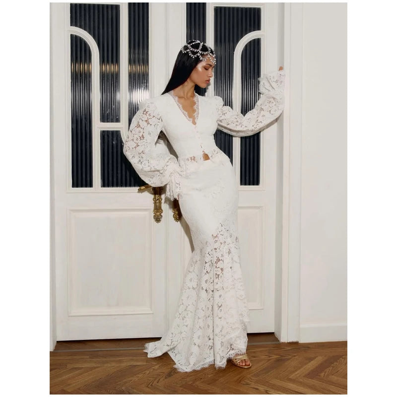 Women's Elegant Lace Up Flared Sleeve Long Dress Fashion Hollow Out Off Shoulder Bodycon Vestidos 2024 Lady New Beach Partywear