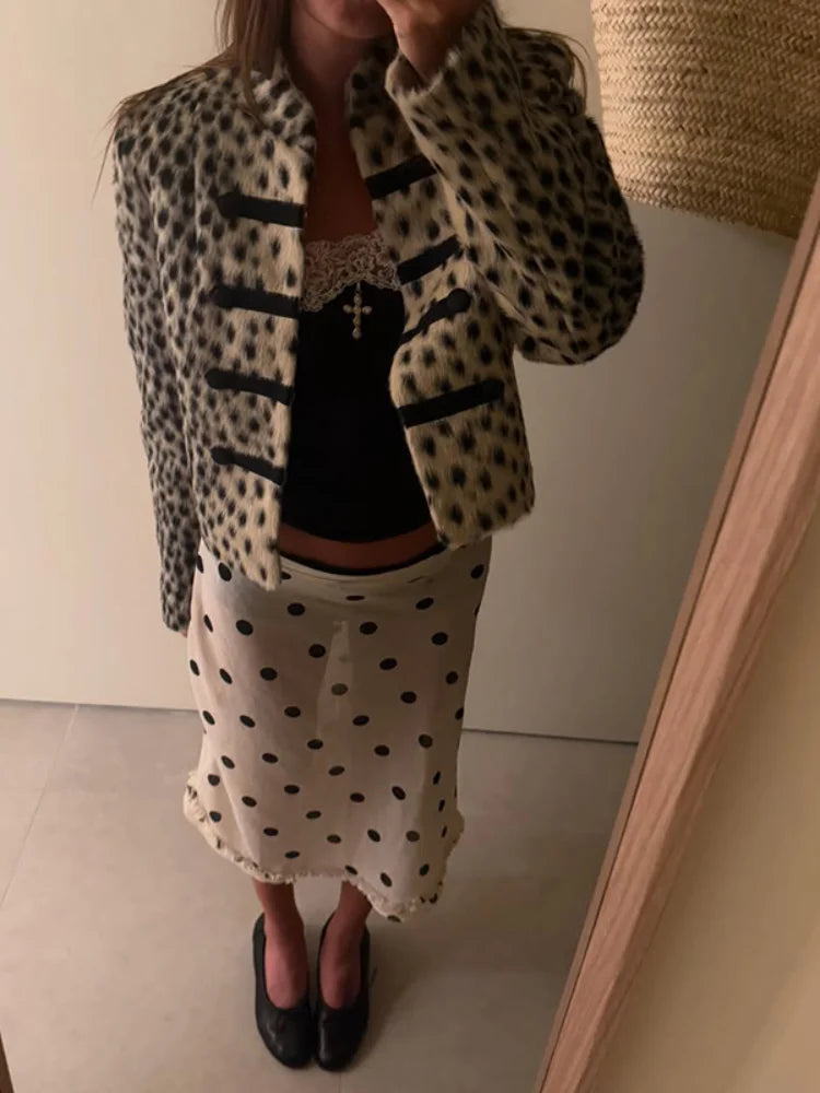 Women Leopard Print Faux Fur Jacket Mandarin Collar Chinese Frog Closure Cropped Vintage Y2K Slim Fit Coat Ladies Outerwear