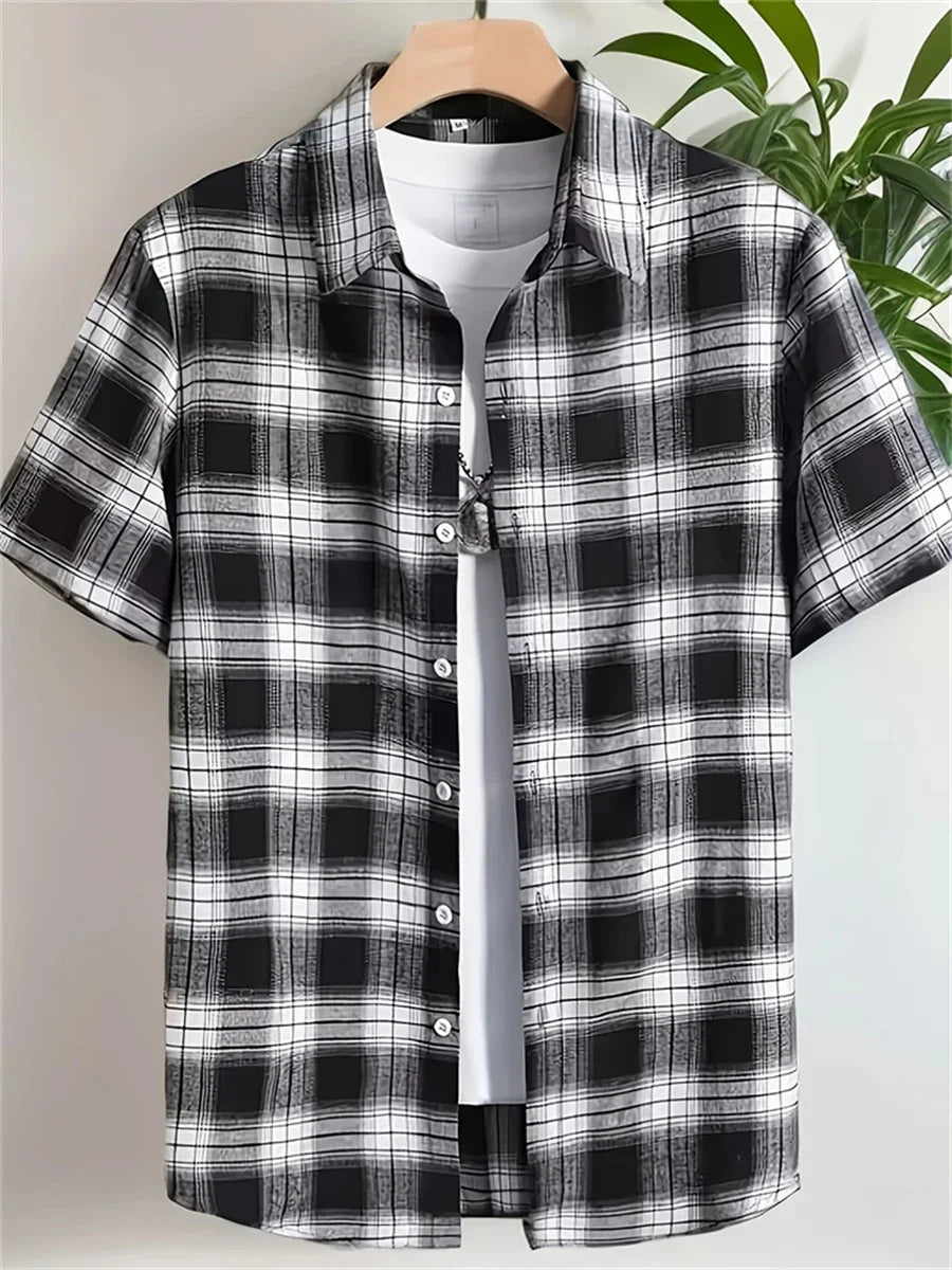 Men's Short-Sleeve Casual Loose-Fitting Lapel Hawaiian Shirt with Blue and White Porcelain Floral Print, New Summer Shirt
