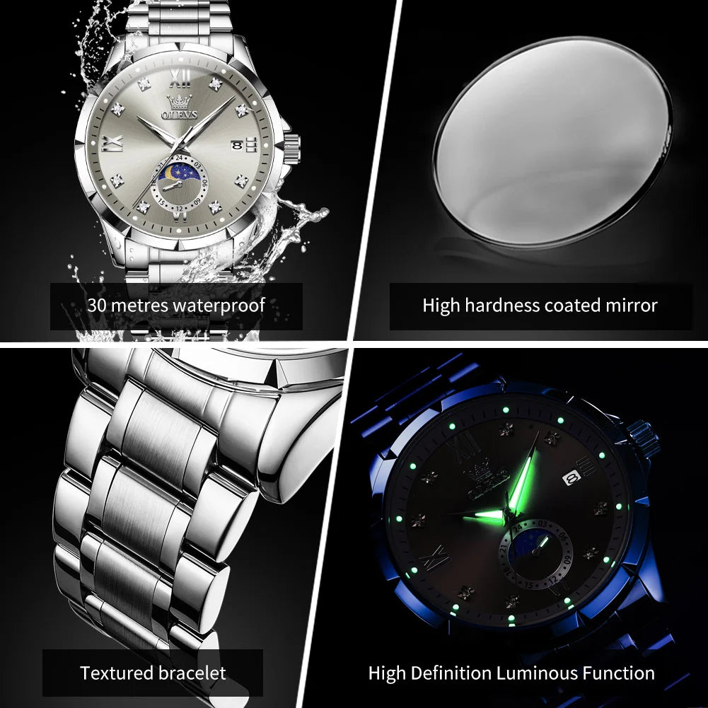 OLEVS 2956 Mens Watch Business Original Quartz Watch Large Dial Waterproof Luminous Automatic Date Moon Phase Watches For Man