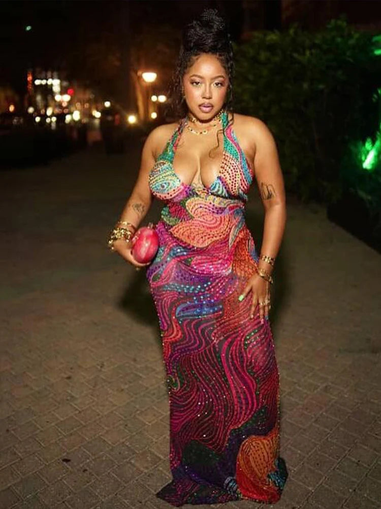 Sexy Long Dress Woman Colorful Print Halter Low-Neck Backless Sleeveless Splits Hem Midnight Club Party Vestidos