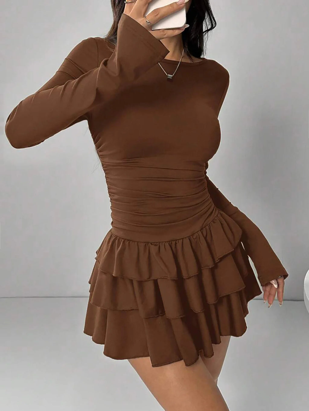 Autumn Winter Solid Color Slim Fit Cascading Ruffles Mini Dress Women Elegant Flare Sleeve High Waist Sexy Party Bodycon Dresses