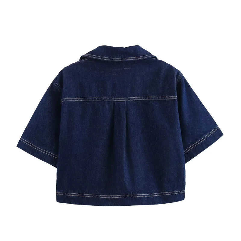 MUJER Blue Denim Shirt Woman Short Sleeve Cropped Shirt Women Summer Short Tops Woman Streetwear Y2k Stylish Women's Blouses