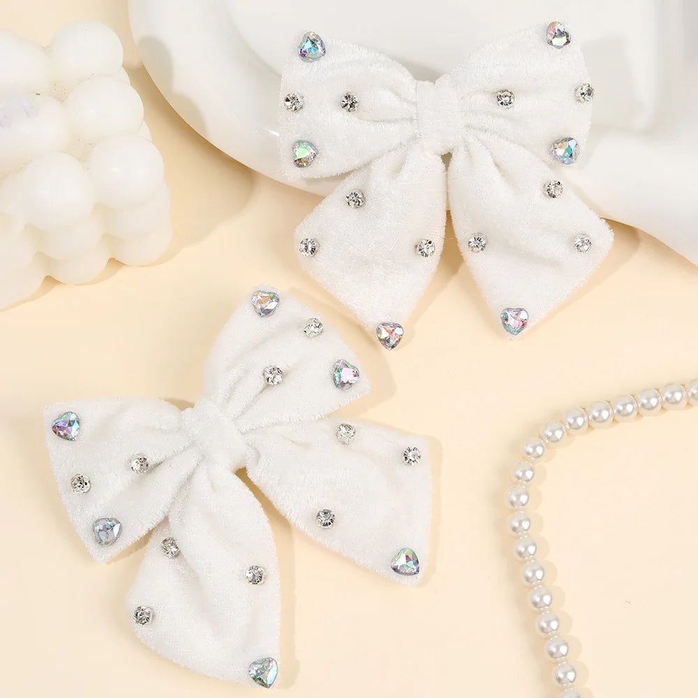 2Pcs Girls Velvet Bow Hair Clips Elegant Heart Shape Rhinestones Hairpins Vintage Burgundy Barrette Fall/Winter Hair Accessories