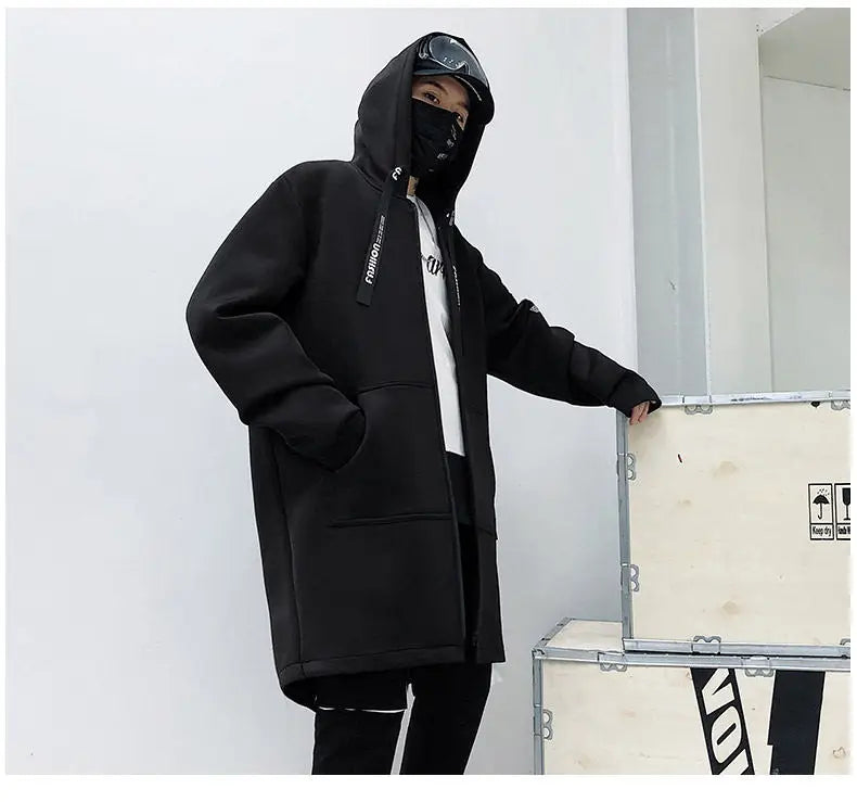 2025 Mens Hooded Trench Coat Mid Long Windproof Jacket Outerwear Autumn Winter New Fashion Windbreaker Coat Parka Male