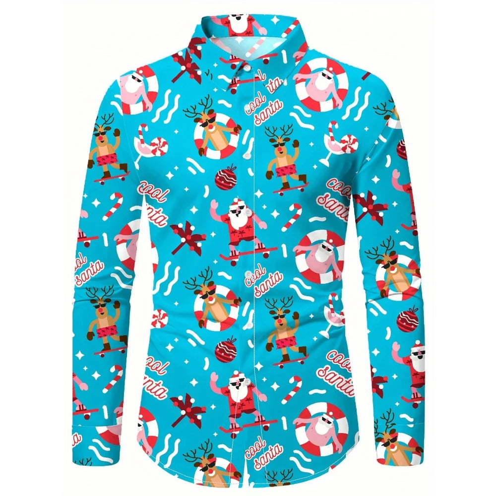 Christmas Festival Theme Men's 3D Printed Formal Shirts Christmas Tree Santa Claus Graphic Long Sleeve Shirt Fashion Men's Shirt