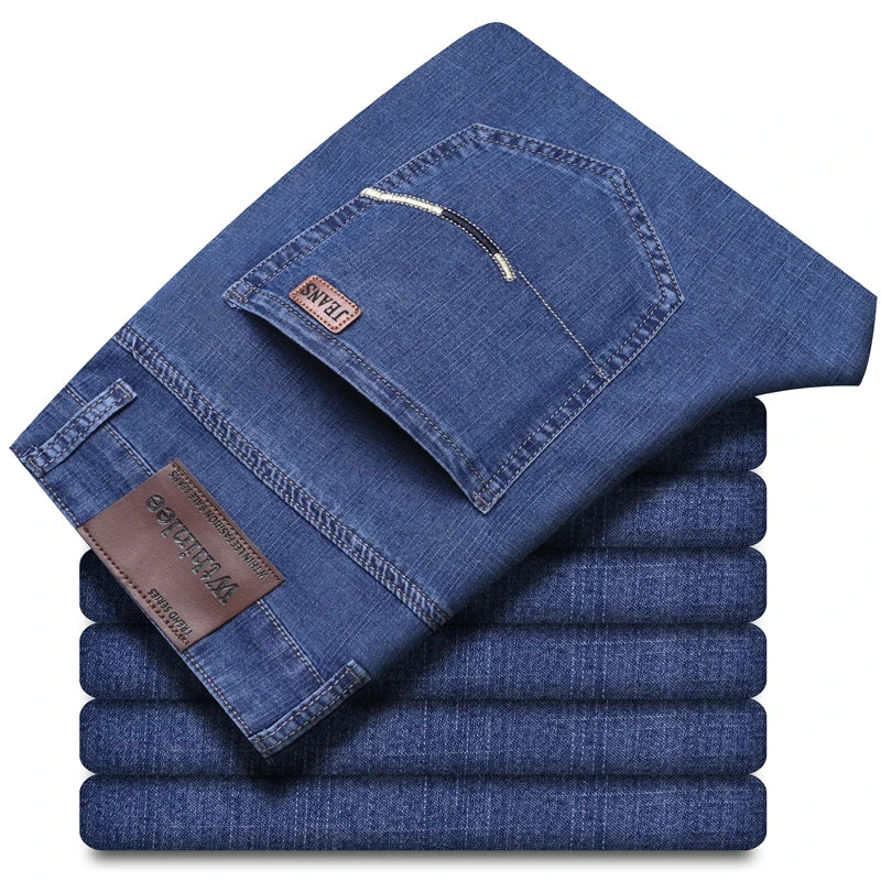 New Men Spring Autumn Straight Leg Business Jeans Trend Male Baggy Stretch Daily Casual Comfortable Black Gray Denim Trousers