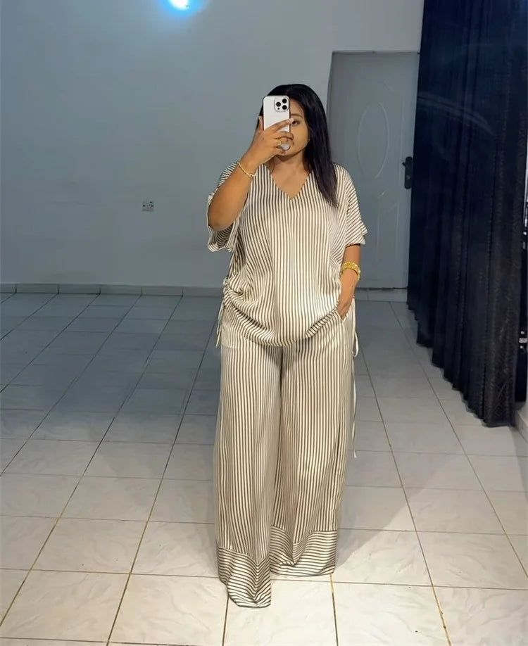 Pant Set Women Two Piece Sets V Neck Short Sleeve Drawstring Shirt Striped Wide Leg Long Pants Elastic Waist Y2k Streetwear 2026