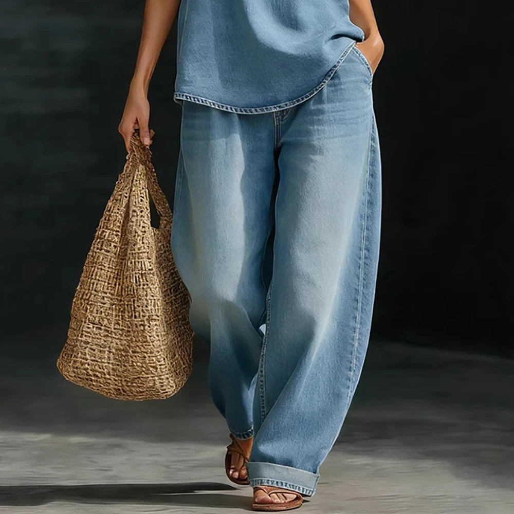 Women Denim Two Piece Set V Neck Half Sleeve Top T-Shirt Loose Wide Leg Pants Casual Outfit Streetwear Fashion Summer Suit Sets