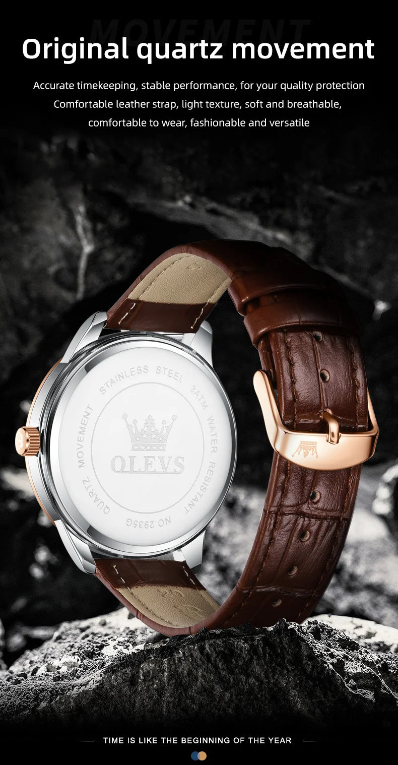 OLEVS 2935 Business Casual Men's Watch Waterproof Leather Strap Luxury Brand Date Week Temperament Trend Quartz Men's Watch