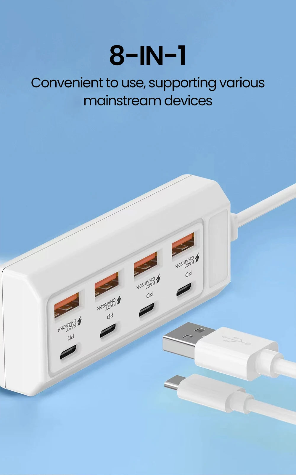 8 in 1 25W USB Electrical Socket Fast Charging USB Type C Power Strips Phone Charger USB Extension Socket Power Outlet Adapter