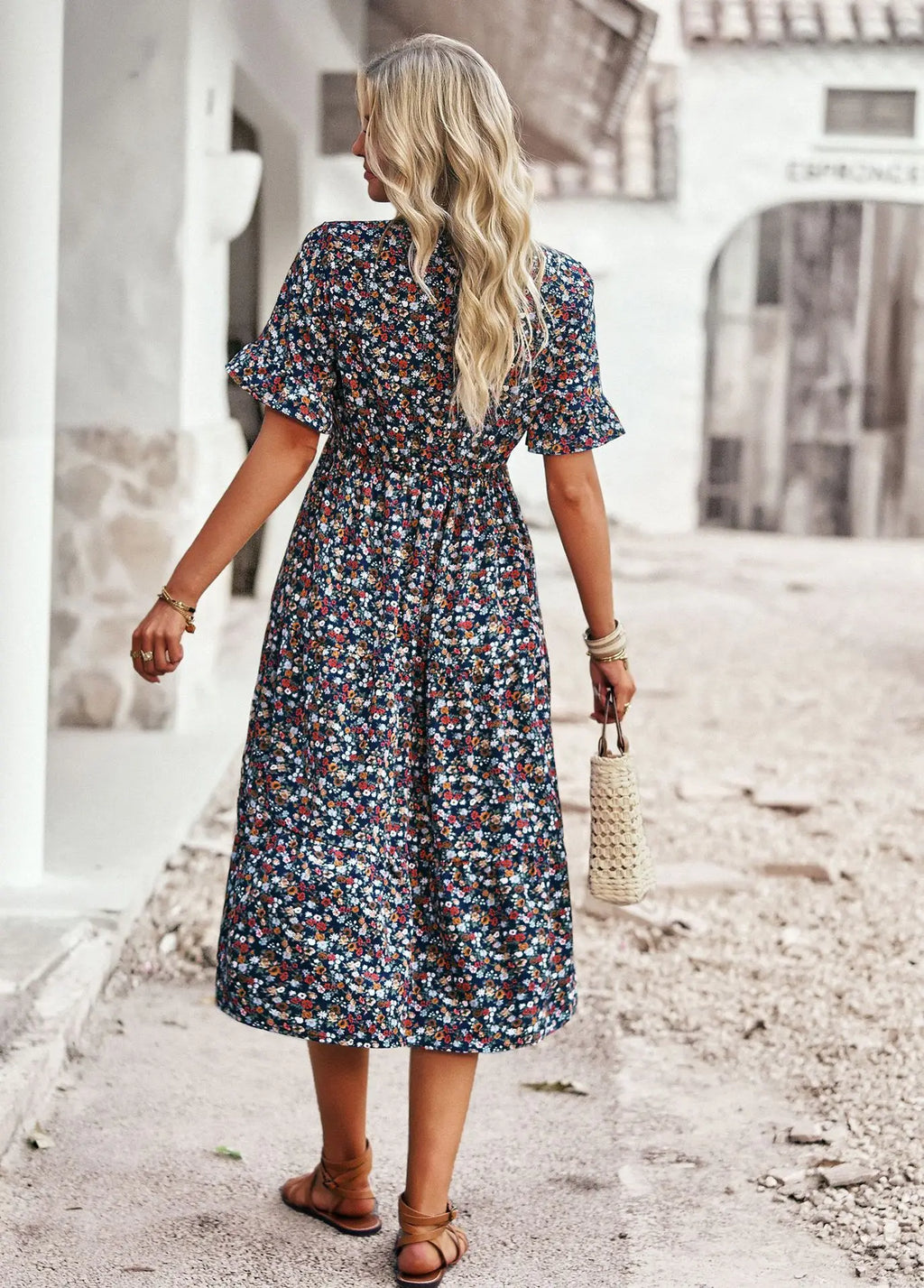 Msfilia Fashion V Neck Elegant Printed Dress Women Summer Short Sleeve High Waist A Line Floral Holiday Dresses
