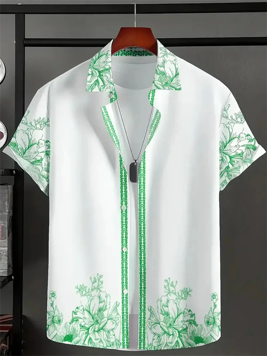 Men's Short-Sleeve Casual Loose-Fitting Lapel Hawaiian Shirt with Blue and White Porcelain Floral Print, New Summer Shirt