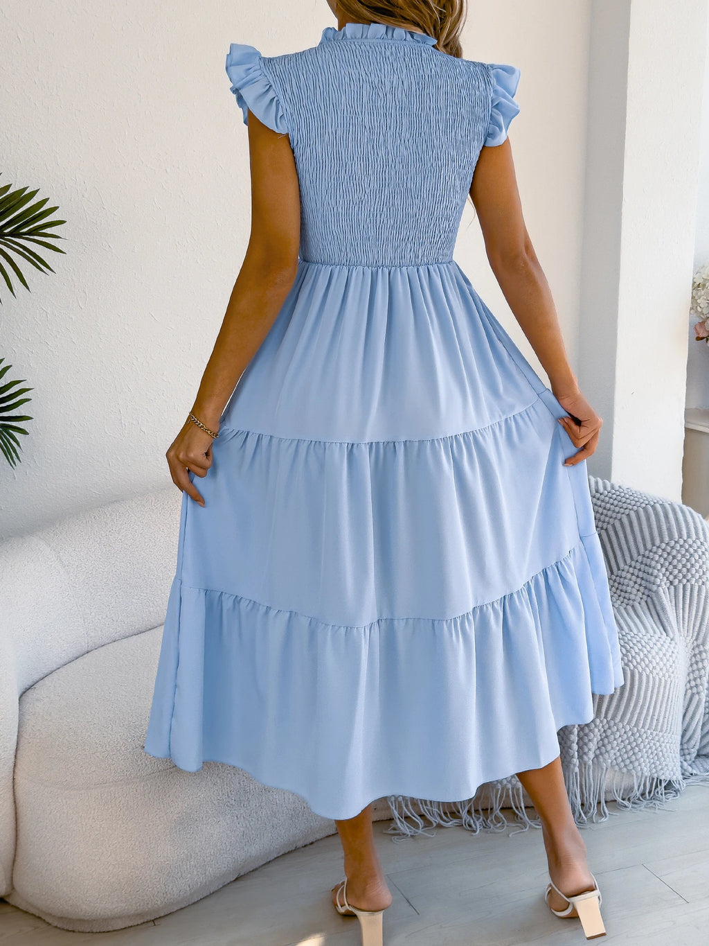 Spring Summer Elegant Ruffled Dresses for Women 2026 Casual Vacation Solid Color Round Neck Sleeveless Long Dress Blue Green