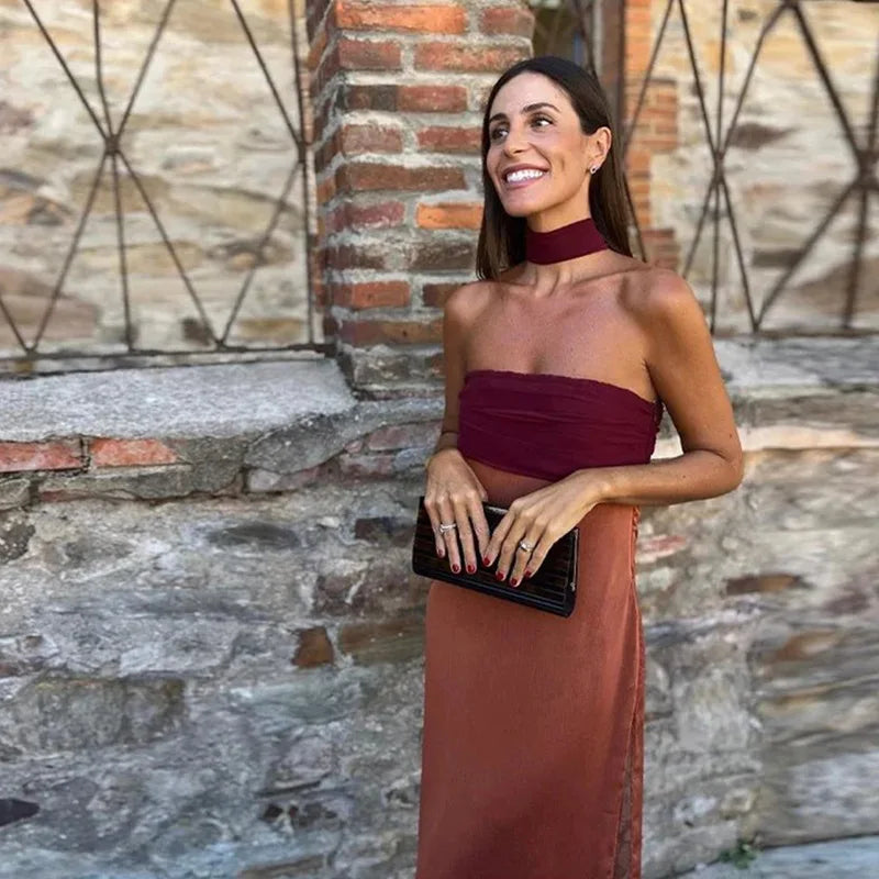 Color Block Twist Bust Slit Maxi Dress Spaghetti Strap Form-Fitting 2026 Summer Fashion Chic Bold Women Wedding Guest Gala Dress