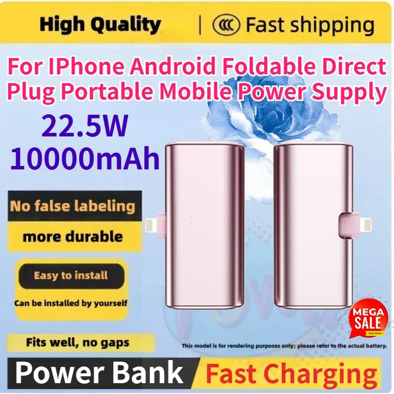 Mini Power Bank 10000mAh 22.5W Foldable Direct Plug Portable Charger Metal Capsule External Battery For iPhone Android