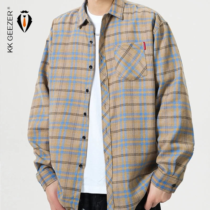 Men Shirt Plaid Flannel Long Sleeve Plus Size Loose Hip Hop Street Mens Casual Shirt Oversized Male Soft Dress Shirt Dropshippig