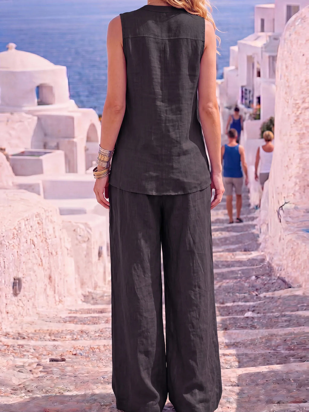 Women's 100% Cotton Casual Two-Piece Set: Sleeveless Tank Top & Wide-Leg Pants – Lightweight, Minimalist, and Stylish
