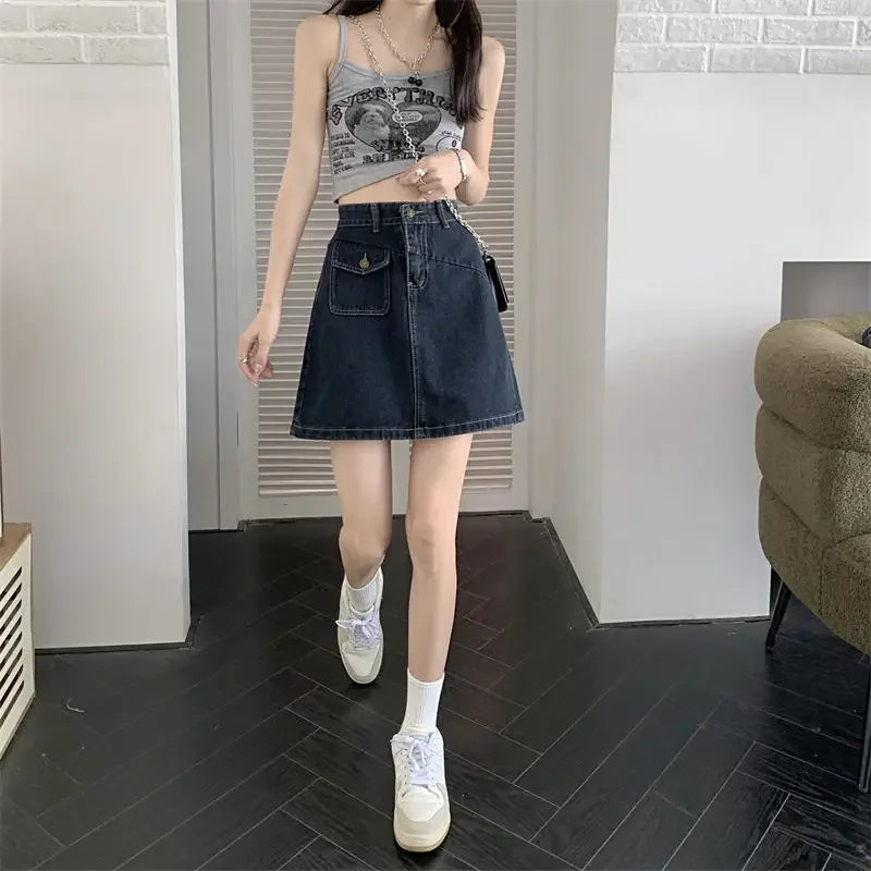 Women's Denim Skirt Retro Blue High Waist Female Jeans Skirts Streetwear Premium Modest Korean Fashion Stylish A Line Vintage