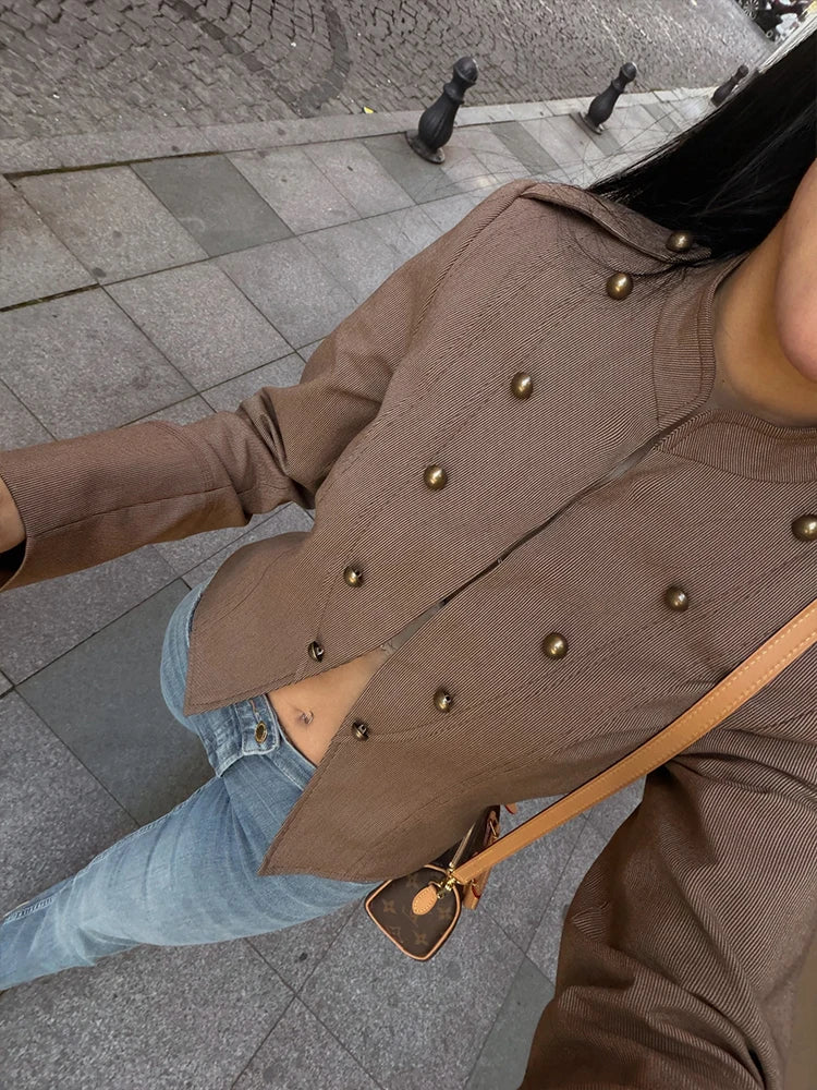 HH Vintage Denim Jacket For Women 2026 Spring  Stand Collar Double Breasted Buttons Slim Fit Jacket  Outerwear For Streetwear