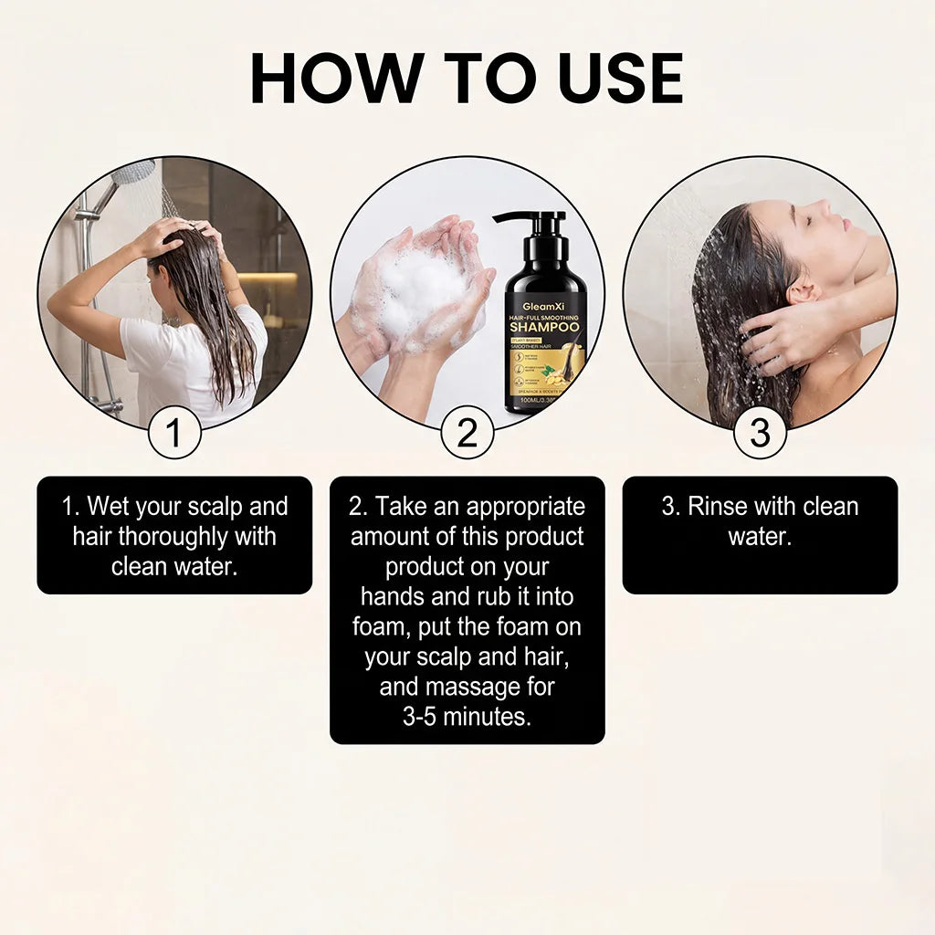 GleamXi Ginger Smoothing Shampoo Deep Nourishing Scalp Strengthen Roots Reduce Frizzy Hair Gentle Hydrating Plant Based Shampoo