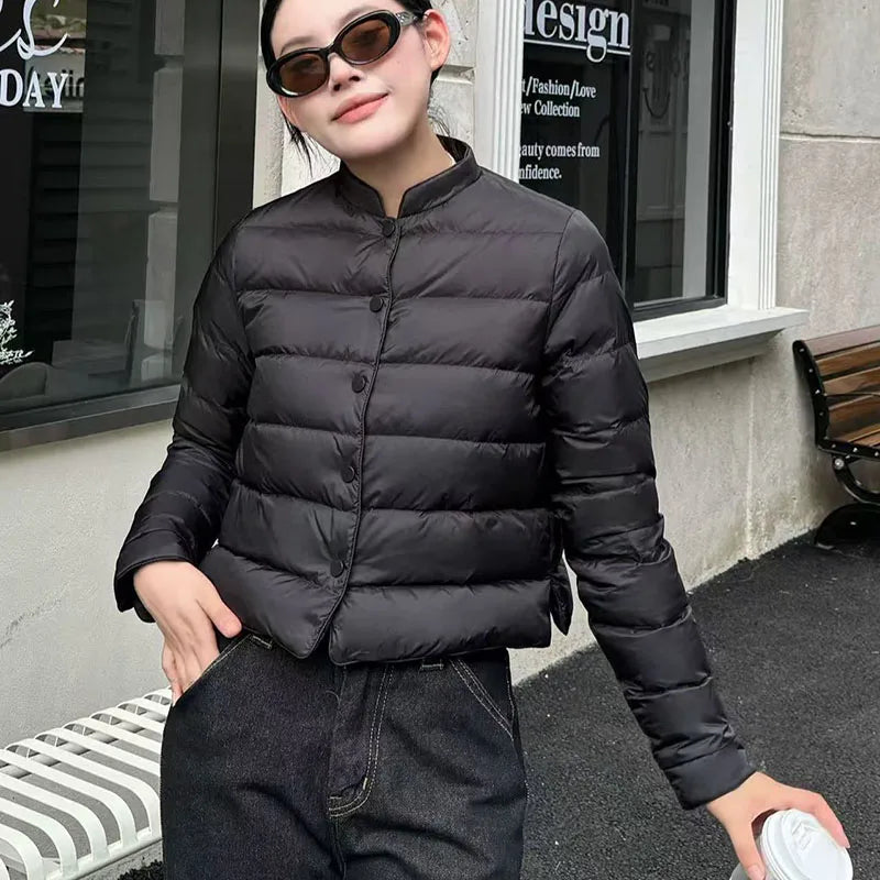 Lightweight Down Cotton Jacket Women Autumn Winter Fashion Stand Collar Warm Short Parkas Vintage Versatile Cotton-Padded Coat