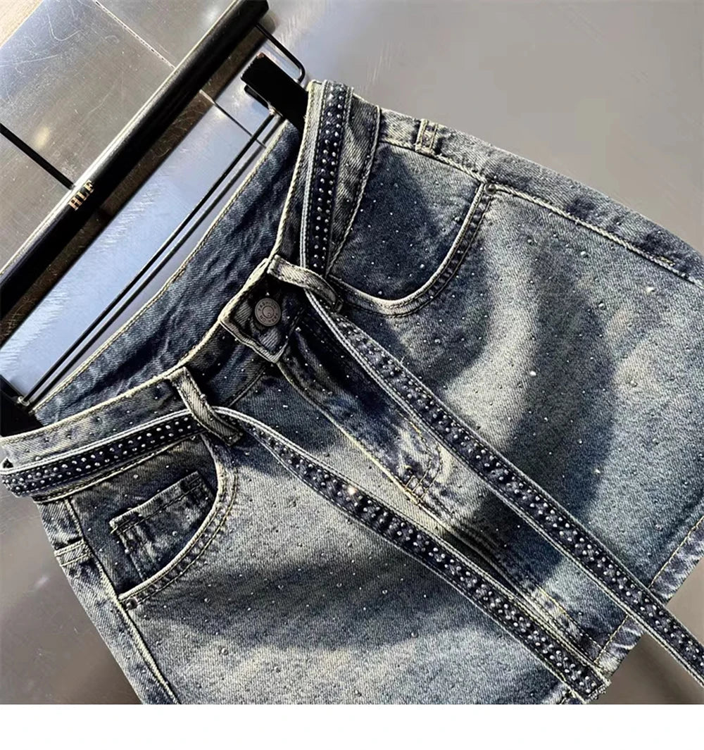 Oversize Retro Diamond Denim Mini Skirt for Women Summer High Waist Shiny Rivet Slim Skirts Gradient Black Grey Jean Skirts