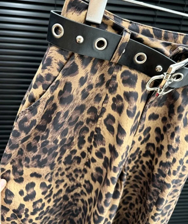 Wide Leg Leopard Print Pants Full Length Ins Style with Streetwear No Stretch Regular Thickness Belt Mid Waist Women Pants