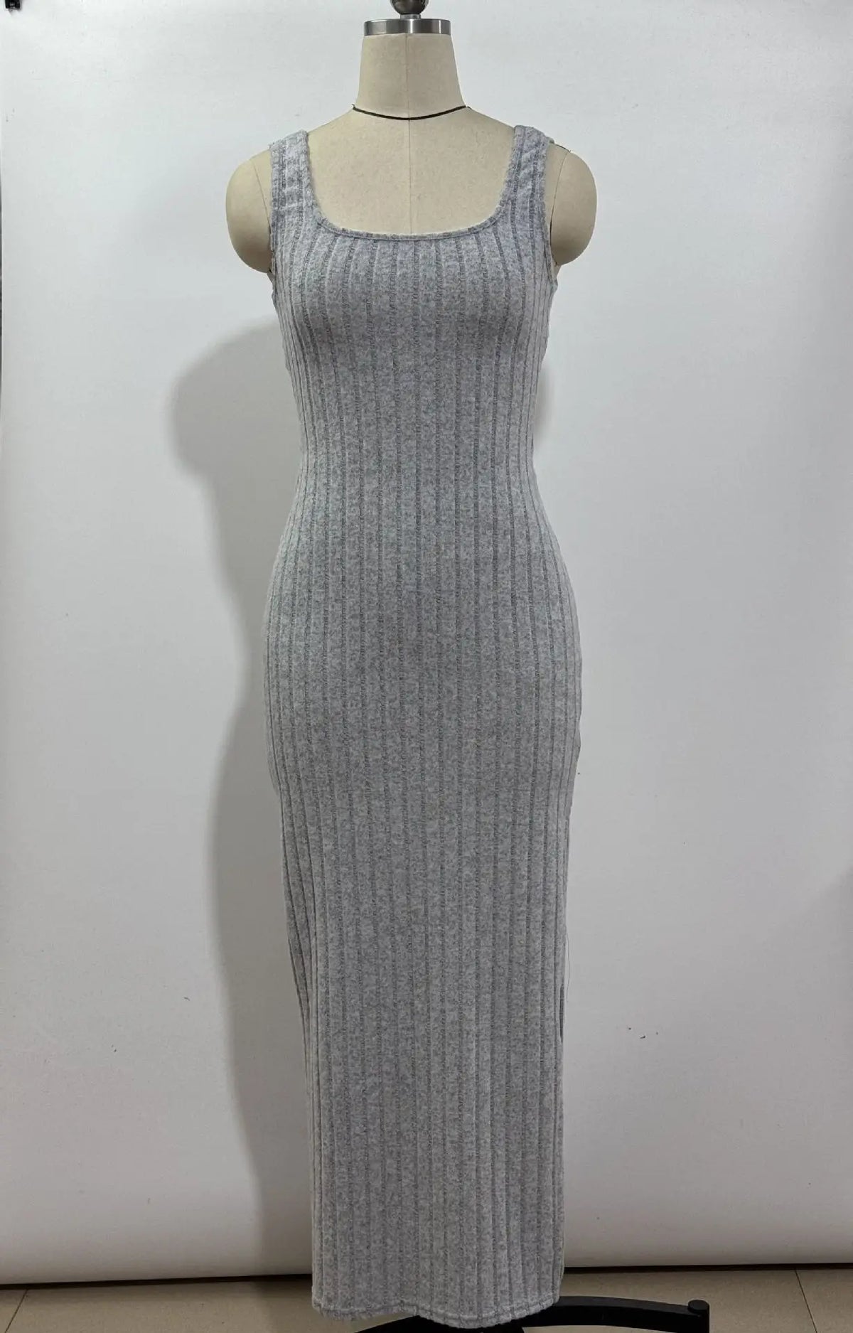 Y2K Street Style Sleeveless Square Neck Ribbed Maxi Dress Thin Strap High Side Slit Bodycon Long Skirt