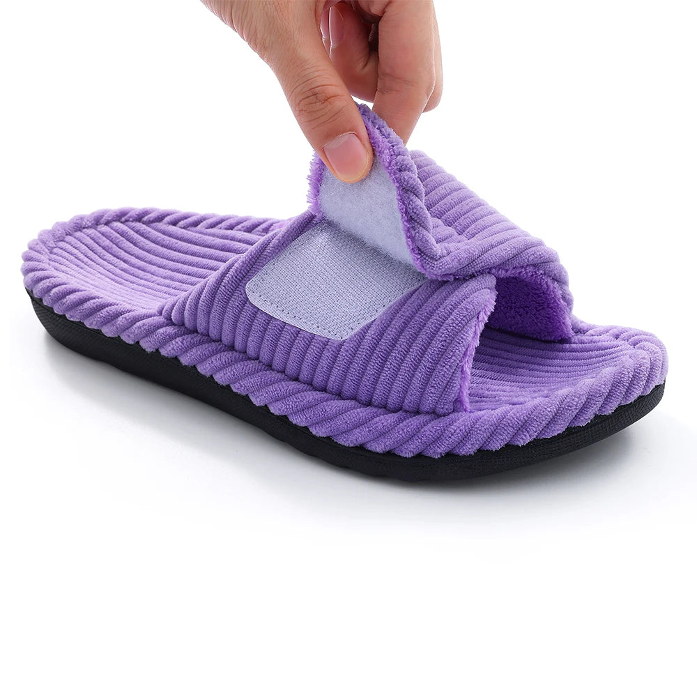 Shevalues Women's Fuzzy Warm Slippers Comfy Open Toe Sandals Memory Foam Indoor Bedroom Slides Rubber Sole House Shoes For Women