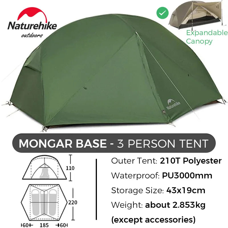 Naturehike Tent Mongar BASE/PRO/UL 1 2 3 Person Tent Ultralight Outdoor Camping Tent Waterproof Hiking Backpacking Tent Awning