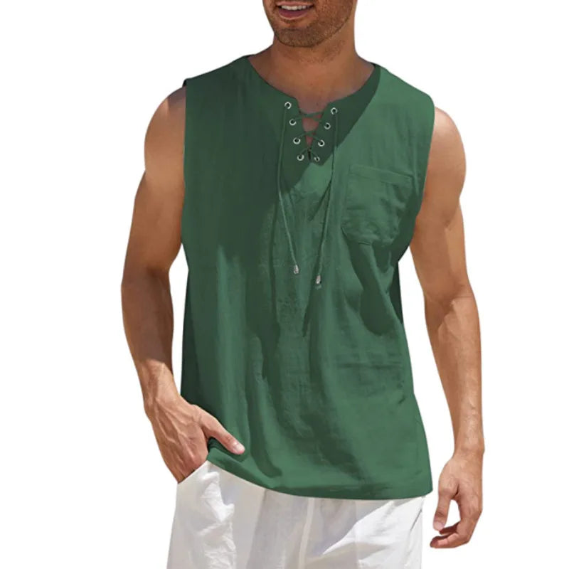 New 2026 Men's Casual Cotton Linen Tank Tops Men Drawstring V Neck Sleeveless Shirts Summer Casual Shirt Gym Fitness Vest Tops