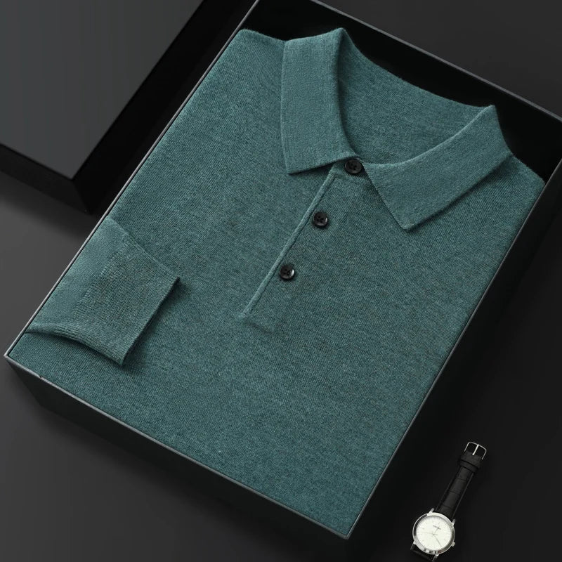 Men's Worsted Wool Kknit Pullover, Business Casual Polo Neck Sweater, Monochromatic Loose Top, Autumn and Winter Fashion, New