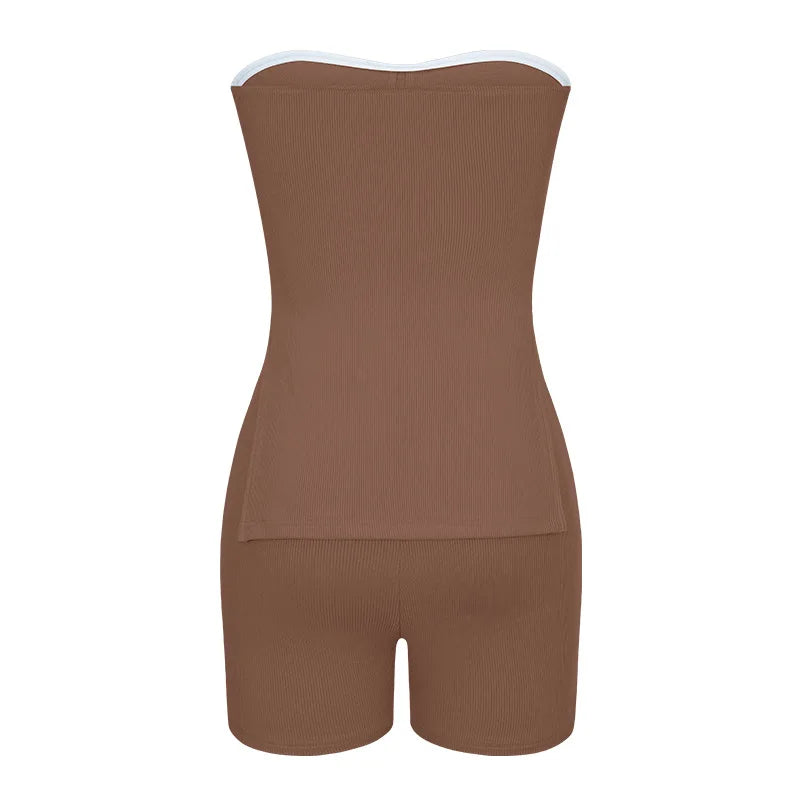 Sexy Solid Slim Suit For Women Fashion Strapless Side Split Top Elastic Waist Package Hip Shorts Two Piece Set 2026 Summer New