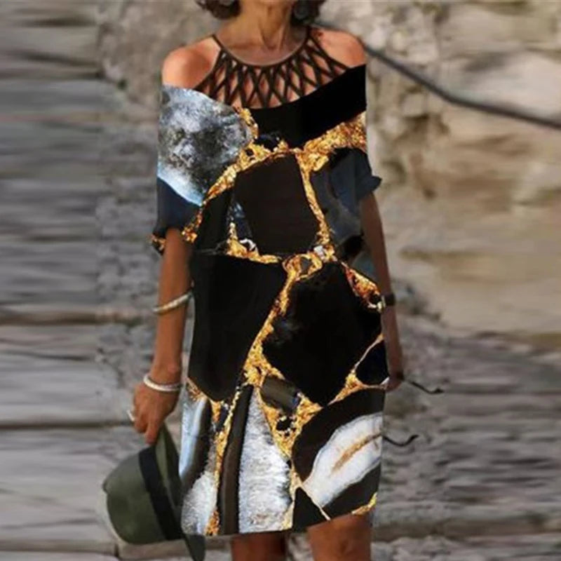 Fashion Retro Printing Women Dress Sexy V-Neck Short Sleeve Loose Beach Homewear Dress Summer Casual Comfy Female Model Dress