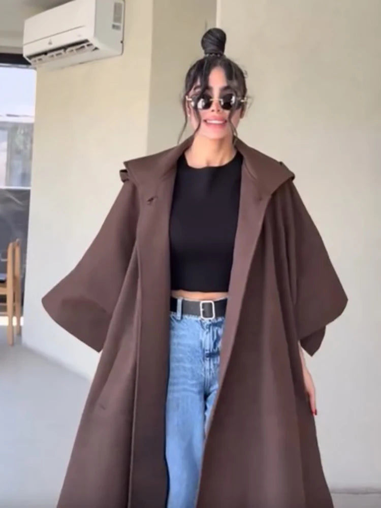 Fashion Solid Cape‑style Long Overcoat Women Oversize Hooded Self‑tie‑belt Wide 3/4 Sleeve Trench Coat New Fall Female Outerwear